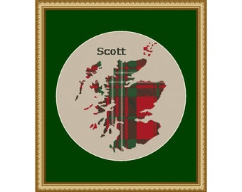 Mapa de Escocia con Tartán del Clan Escocés Scott - Patrón Punto de Cruz - Descargar