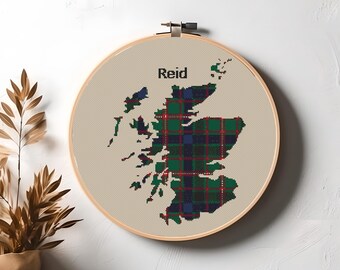 Scotland Map with Reid Scottish Clan Tartan Cross Stitch Pattern - Download