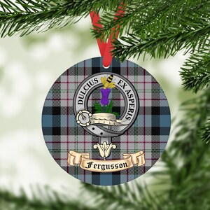Fergusson Scottish clan gift. Acrylic Tree Ornament Printed with Fergusson Clan Tartan and Fergusson clan Crest. Great Christmas Gift