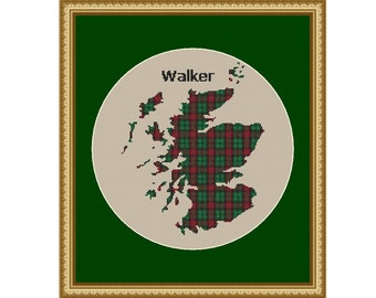 Schotland kaart met Walker Scottish Clan Tartan - Cross Stitch patroon - downloaden