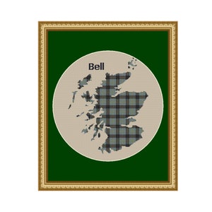 Scotland Map with Bell Scottish ClanTartan   Cross Stitch Pattern - Download
