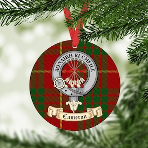 Cameron Scottish clan gift. Acrylic Tree Ornament Printed with Cameron Clan Tartan and Cameron clan Crest. Great Christmas Gift