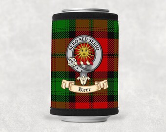 Kerr Scottish Clan Beverage Can Wrap with Kerr Clan Crest on Kerr Tartan