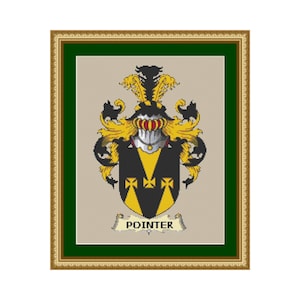 Może przedstawiać: Ramka z haftem krzyżykowym przedstawiająca czarną i złotą herbę z napisem "POINTER" poniżej.