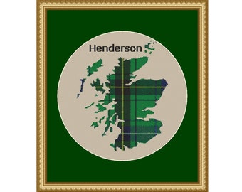 Scotland Map with Henderson Scottish Clan  Tartan - Cross Stitch Pattern - Download
