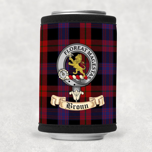 Broun Scottish Clan Drink Can Coolie with Broun Clan Crest on Broun Tartan