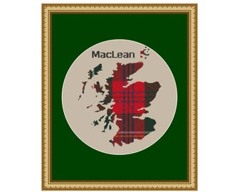 Mapa de Escocia con patrón de punto de cruz de tartán del clan escocés MacLean - Descargar