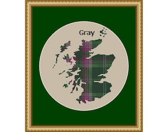 Mappa della Scozia con tartan grigio del clan scozzese - Schema punto croce - Scarica
