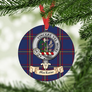 MacLaine Scottish clan gift. Acrylic Tree Ornament Printed with MacLaine Clan Tartan and MacLaine clan Crest. Great Christmas Gift