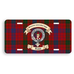 Ross Scottish Clan License Plate with Crest-Motto and Tartan - Display your Ross family heritage as you travel.