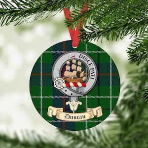 Duncan Scottish clan gift. Acrylic Tree Ornament Printed with Duncan Clan Tartan and Duncan clan Crest. Great Christmas Gift