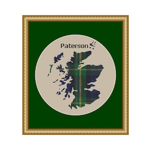 May include: A framed print of a map of Scotland with the name "Paterson" in the upper left corner. The map is filled with a blue, green, and yellow tartan pattern.