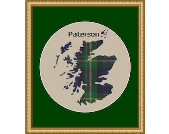 Scotland Map with Paterson Scottish Clan  Tartan - Cross Stitch Pattern - Download