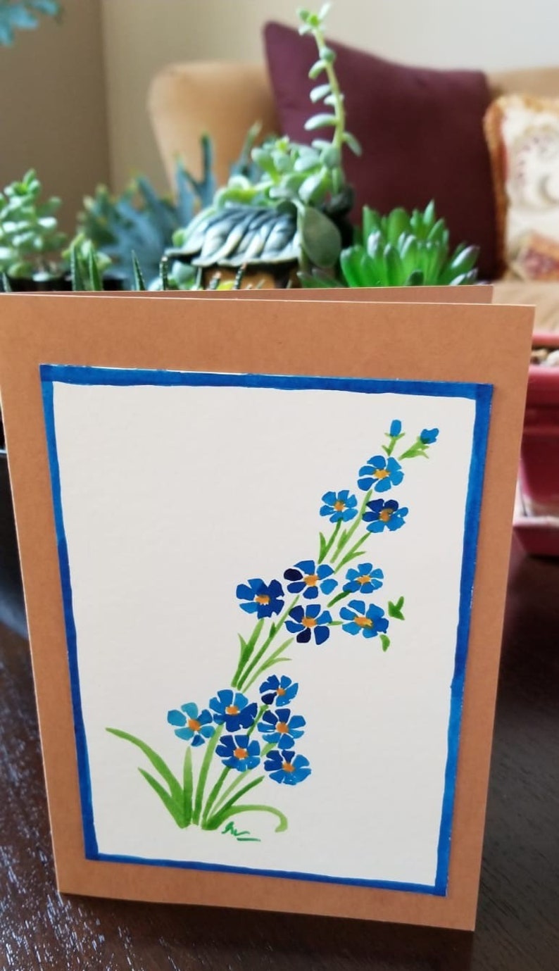 Hand Painted Watercolor Greeting Card Blue Flowers image 4