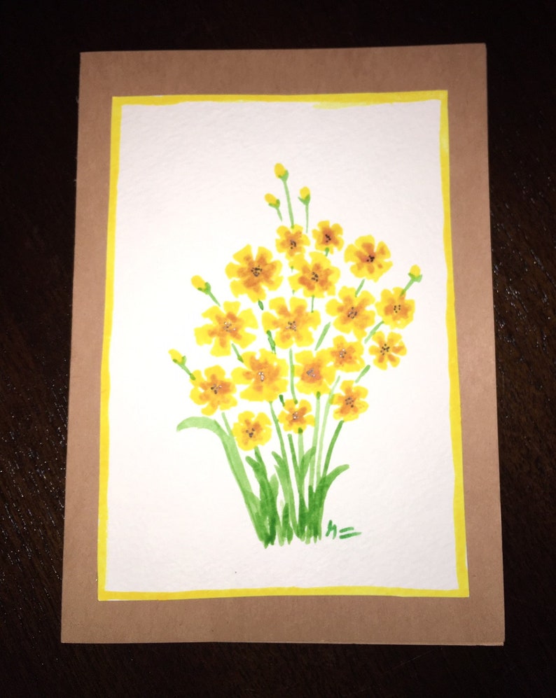 Hand Painted Watercolor Greeting Card Yellow Flowers image 1