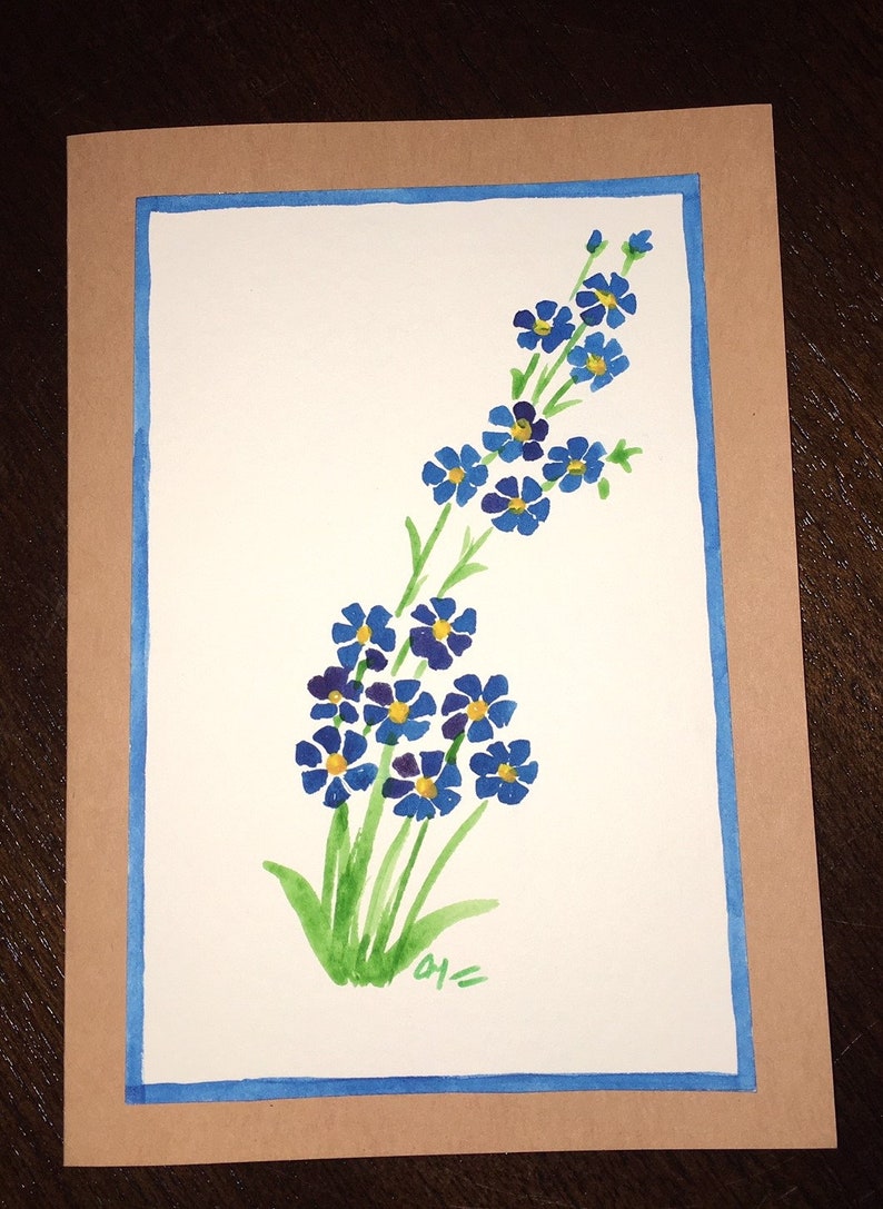 Hand Painted Watercolor Greeting Card Blue Flowers image 1