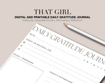 Peut inclure: Un journal de gratitude quotidien imprimable avec des sections pour noter ce pour quoi vous êtes reconnaissant, des rappels, des affirmations et une réflexion. Le journal a un design simple et minimaliste avec un fond blanc et du texte noir.
