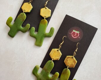 Green & Gold Cactus Dangle Earrings