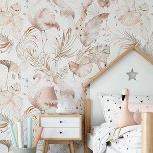 Pink Flamingo Peel and Stick Wallpaper | Boho Tropical with Flamingos Wallpaper | Pink Tropical Wallpaper | Flamingo Jungle Wallpaper Mural