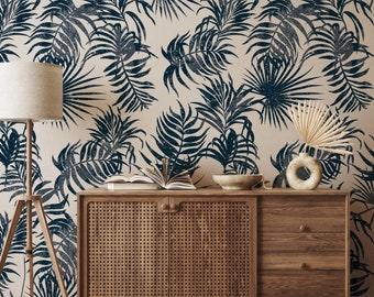 Blue Palm Leaf Wallpaper: Tropical Peel and Stick Bathroom Decor