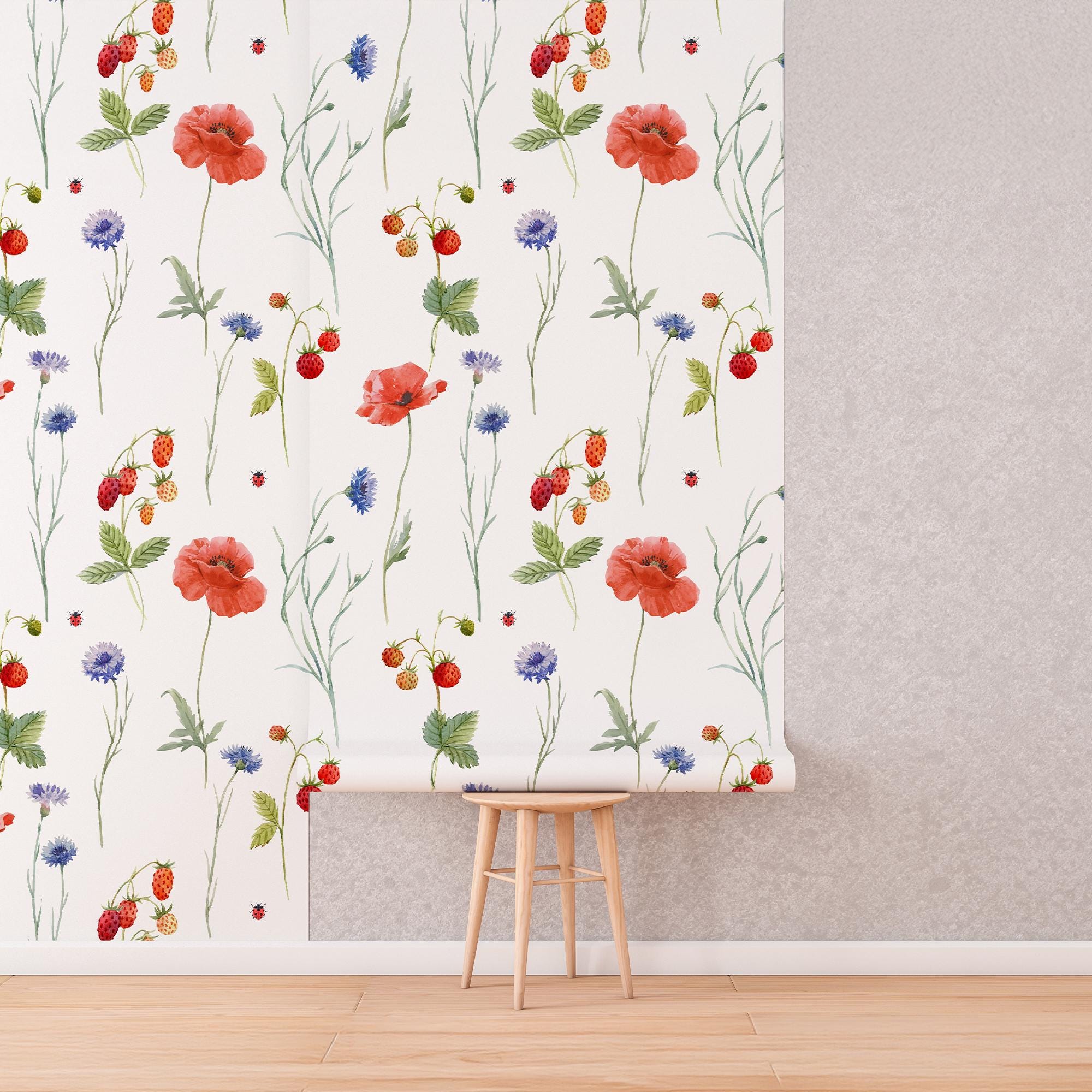 Poppy Peel and Stick Wallpaper - Blush Meadow Floral Botanical Vintage ...
