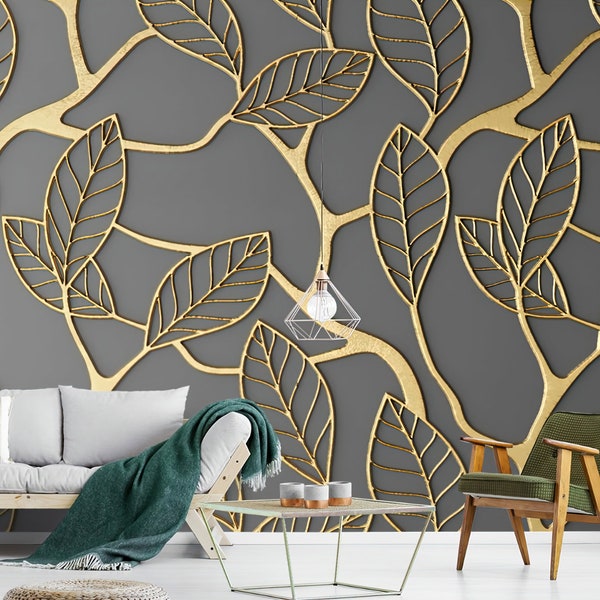 Embossed Golden Leaves Mural Wallpaper - Reuseable Black Gold Art Deco Mural - Peel and Stick Self Adhesive Or Pasted Wallpaper