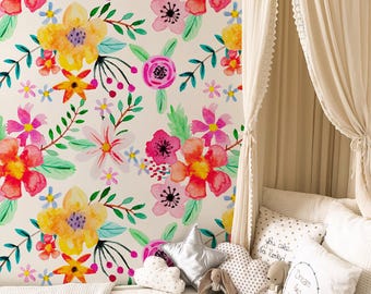 Watercolor Floral Nursery Wallpaper: Removable Peel and Stick Wall Mural