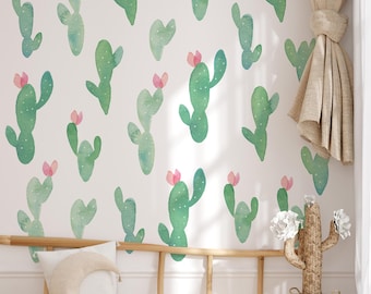 Watercolor Cactus Wall Decals – Boho Floral Vinyl Stickers (54 Decals)
