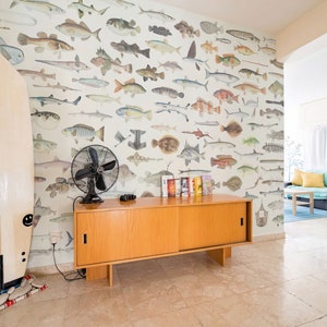 Repositionable Fish Printed Wallpaper | Vinyl Mural | Kidsroom wall Decor | Peel and stick fish Mural | Beautiful Colour Wallpaper