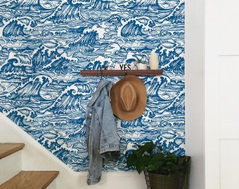 Decorazione murale con onde blu tempesta di oceano - Carta da parati rimovibile unica con flusso di acqua di mare - Stacca e incolla / Autoadesiva 14304-9.99-4.99