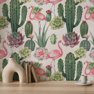 Carta da parati rimovibile tropicale con cactus e fenicotteri - Decorazione autoadesiva per gli inquilini, rivestimento murale staccabile e attaccabile