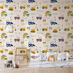 Kids Construction Vehicles Wallpaper – Peel and Stick Truck, Bulldozer, Excavator Wall Mural – Boys Room Nursery Car Decor