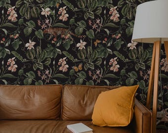 Dark Tropical Peel and Stick Wallpaper: Exotic Birds, Secret Garden