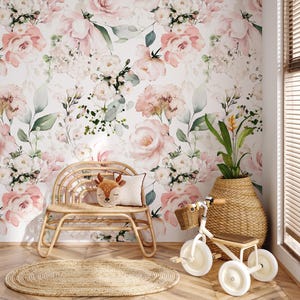 Floral Peel and Stick Wallpaper – Pink Watercolor Roses, Garden Flowers Wall Mural – Removable Nursery Wallpaper, Living Room Decor