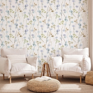 Blue Floral Wallpaper Removable Wall Art with Blue Leaves & Twigs, Rural Bathroom Decor, Nature-Inspired Floral Accent Wall