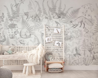 Woodland Nursery Wallpaper: Grey Bunny, Fox, Botanical Peel and Stick Mural