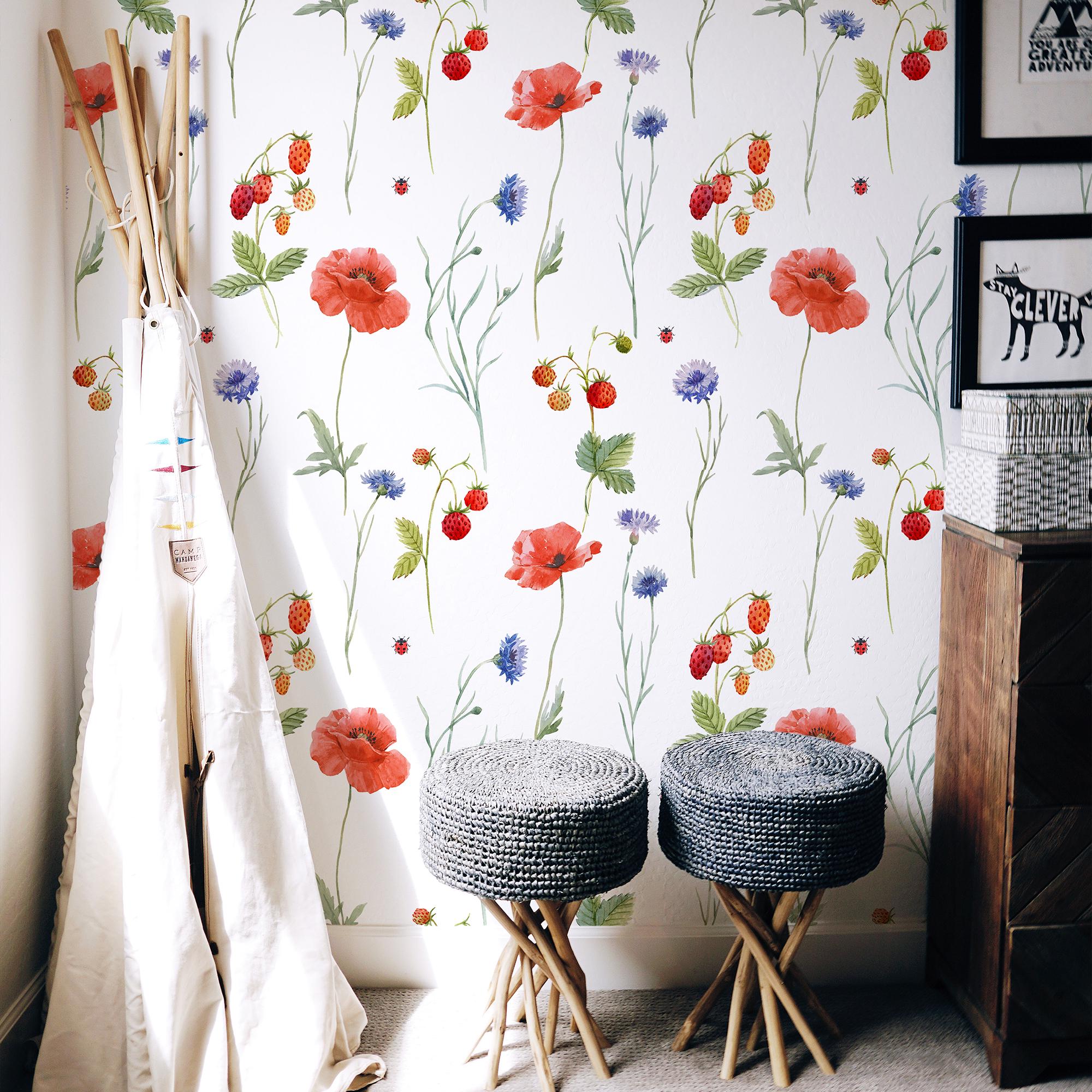 Poppy Peel and Stick Wallpaper - Blush Meadow Floral Botanical Vintage ...