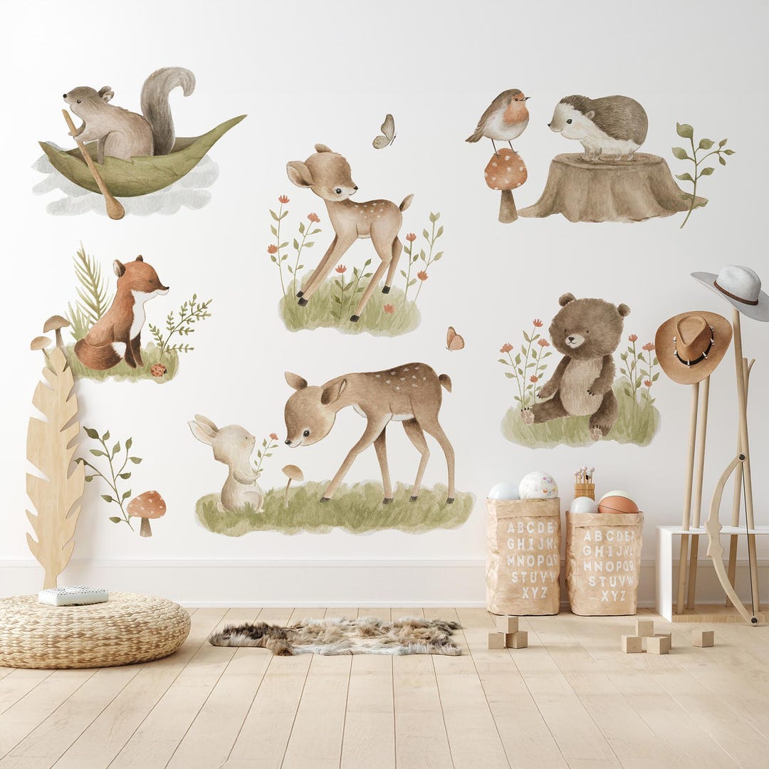 Woodland Animals Watercolor Wall Decals – Peel & Stick Forest Nursery ...