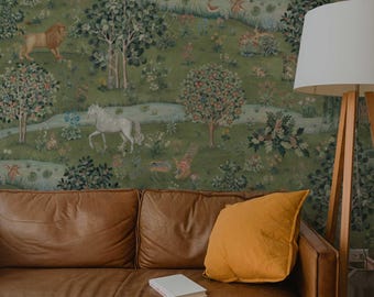 Owl & Willow by William Morris Wallpaper - Green Enchanted Forest Peel and Stick Mural