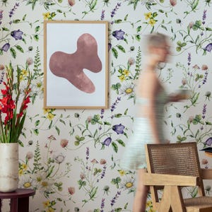 Peel and Stick Floral Grass Wallpaper, Boho Watercolor Wild Flower Wall Mural, Pink Botanical Field Big Floral Wallpaper for Living Room