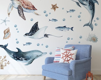 Dolphins and Turtle Wall Decals Watercolor Sea Life Nursery Decor