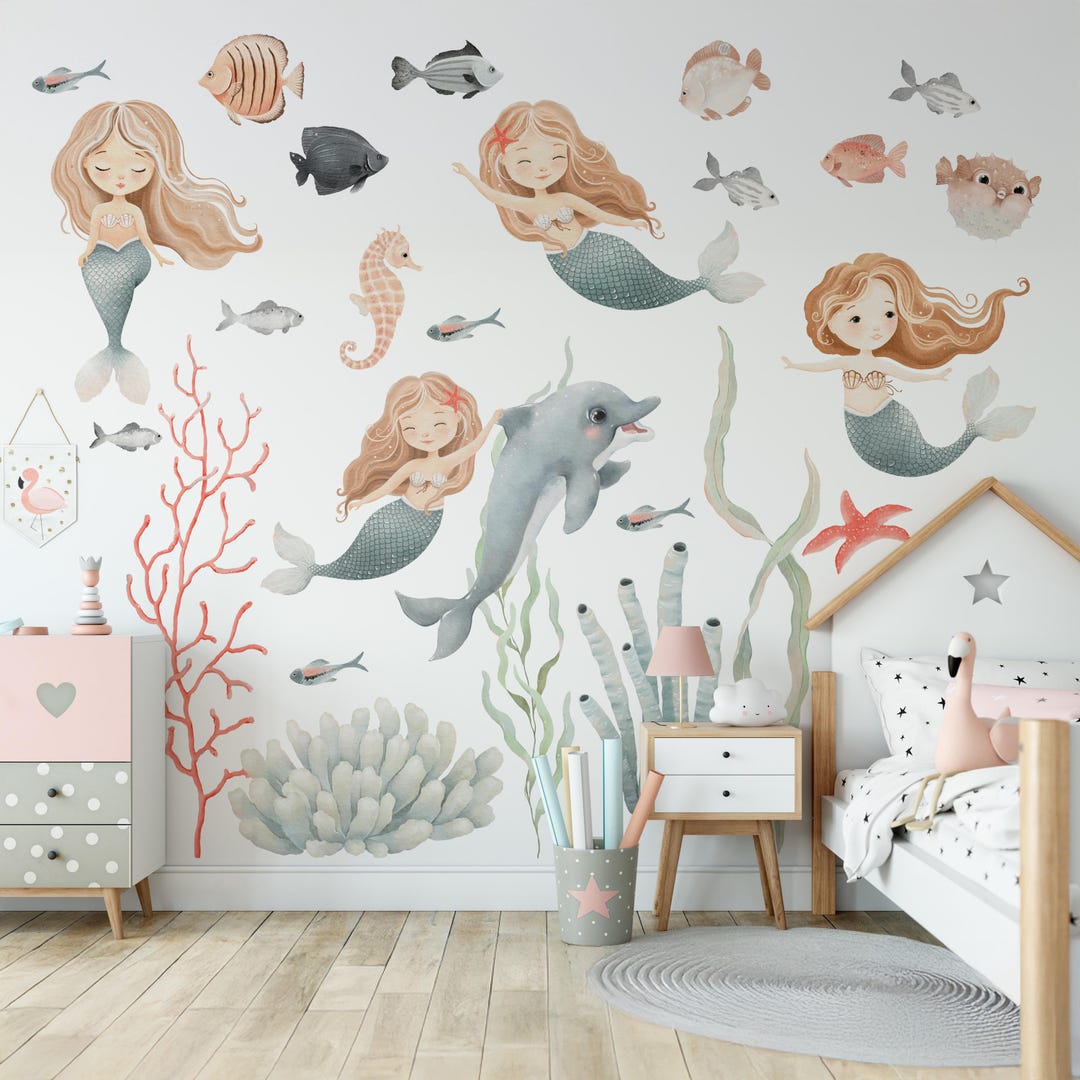 Watercolor Mermaid Wall Decals: Peel & Stick Sea Animals Nursery Decor ...