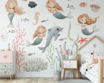 Watercolor Mermaid Wall Decals: Peel & Stick Sea Animals Nursery Decor