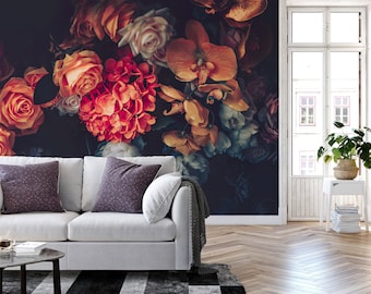 Dark Dutch Beautiful Floral Wallpaper | Peel and Stick Wall Mural | Vintage Blossom  Rose | Removable Wallpaper | Grey Background Wallpaper