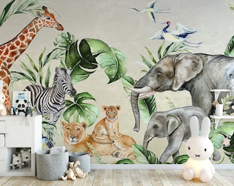 Safari Animal Wallpaper: Birds, Giraffe, Elephant - Peel and Stick