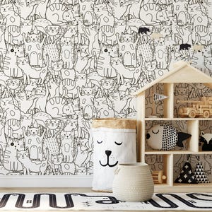 Doodle Cats Removable Wallpaper White – Peel and Stick Nursery Wall Mural, Baby Boy Animal Pattern Wall Decor