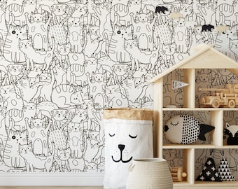 Doodle Cats Removable Wallpaper: Nursery Peel and Stick Wall Mural