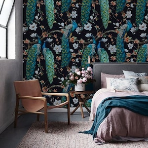 Peacock Chinoiserie Dark Vintage Wallpaper | Botanical Bird Wall | for  Flair - Custom Peel & Stick | Traditional white Print wall mural