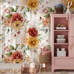 Peel and Stick Nursery Wallpaper Watercolor Floral Pattern Pink Blush Flowers Green Leaves Branches White Background