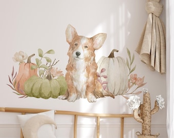 Watercolor Corgi Wall Decal: Pumpkins and Flowers, Fall Nursery Decor